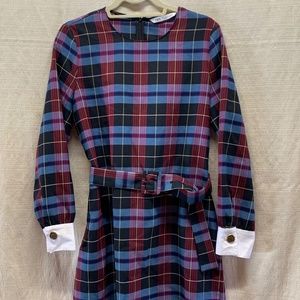 Zara Tartan Plaid Mini Dress with Belt Long Sleeve Cuffs Size Large (KH74)